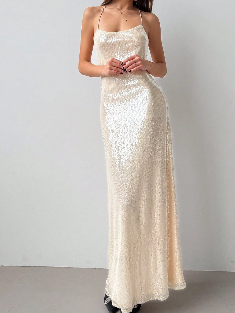Apricot Party Women's Sequin Backless Bodycon Maxi Dress